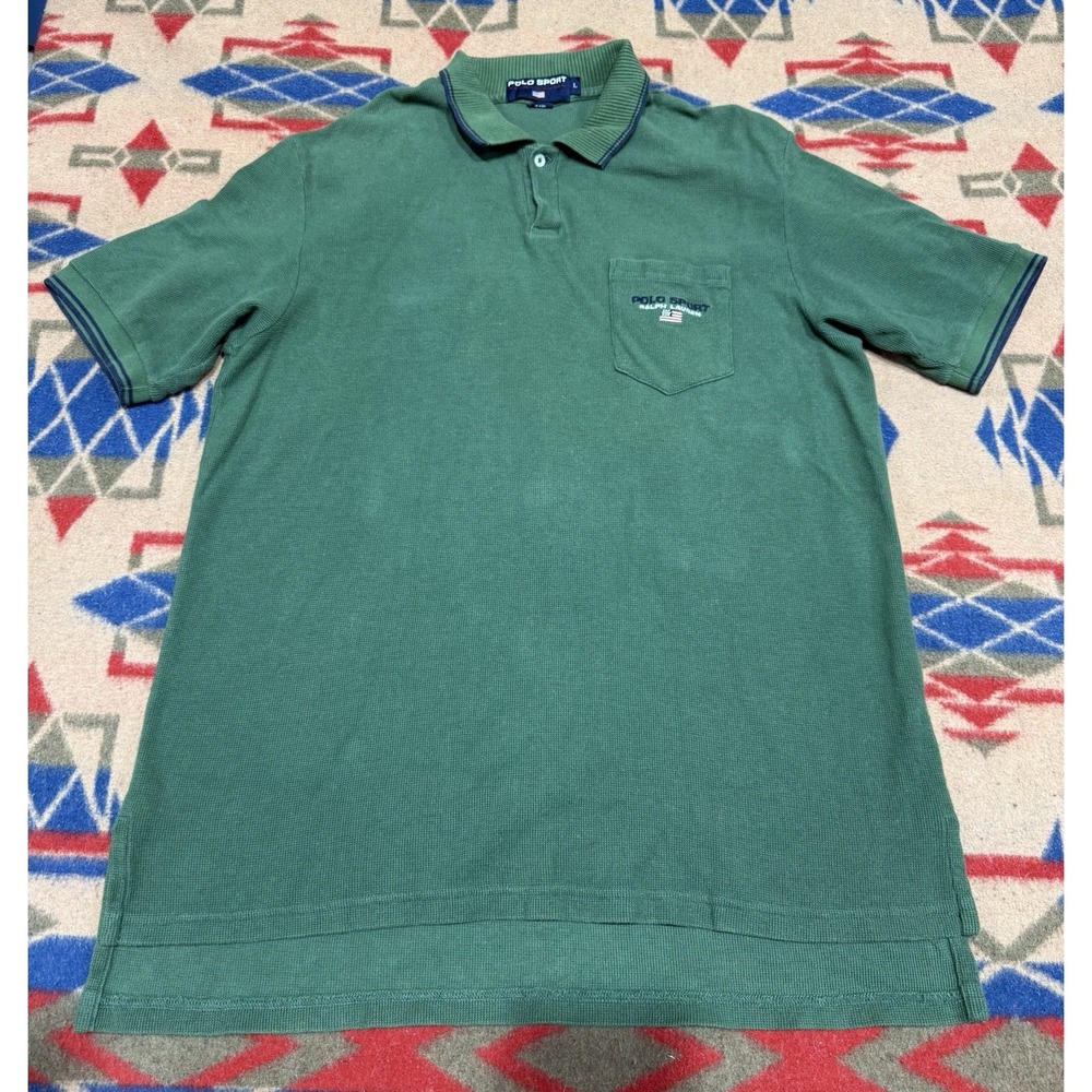 Polo Sport Ralph Lauren Mens Polo Shirt Size L Green Cotton Short Sleeve Flag